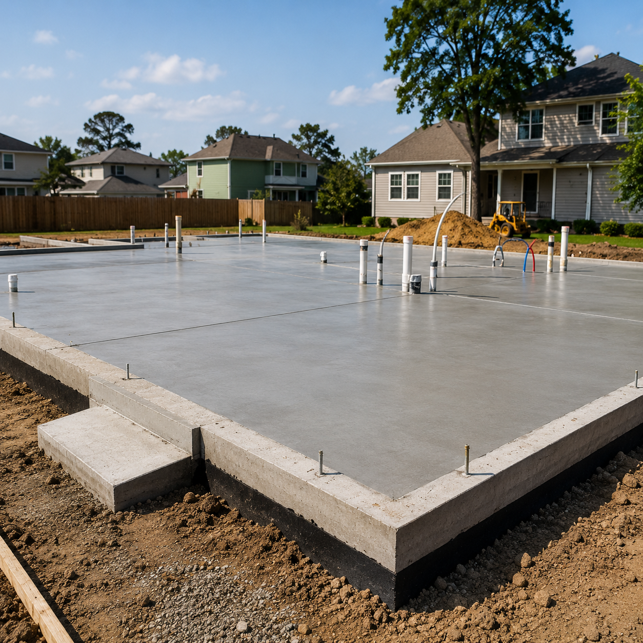 Freshly poured concrete slab foundation with plumbing pipes ready for a new house in a neighborhood