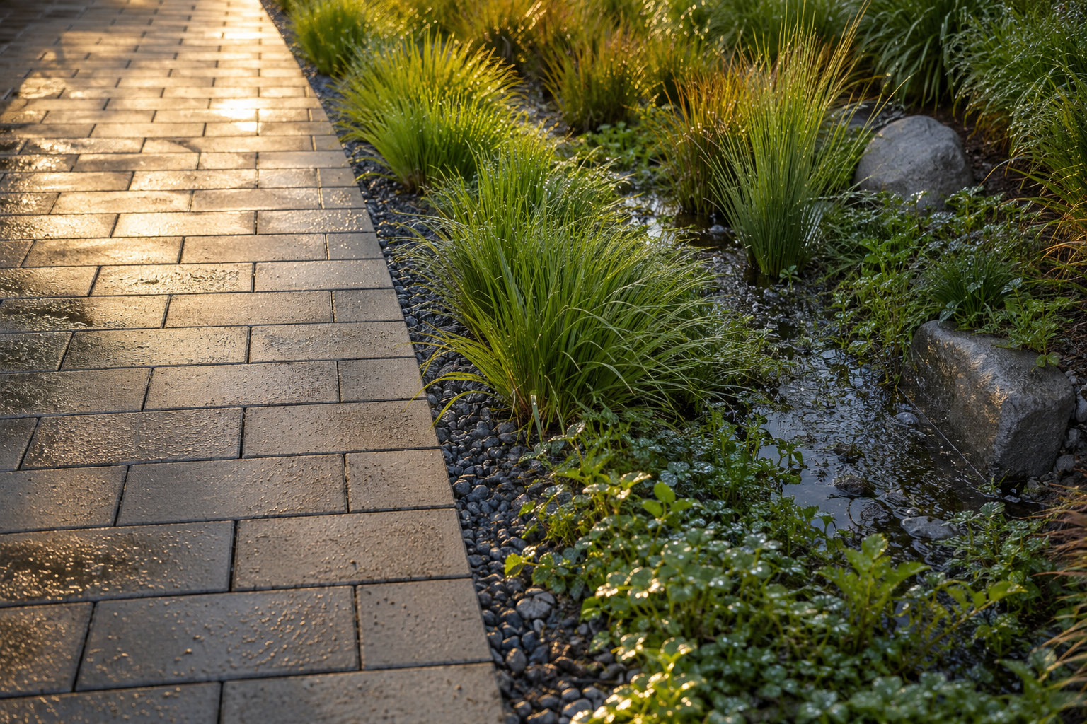Sunlit paved path alongside a dewy garden stream with green grasses and rocks