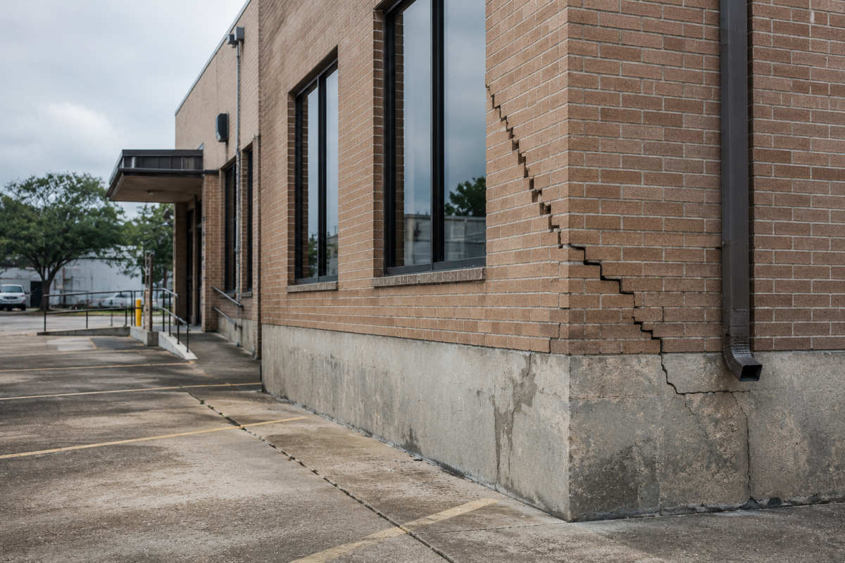 Corner of a brick building with prominent stair-step cracks extending into the concrete foundation