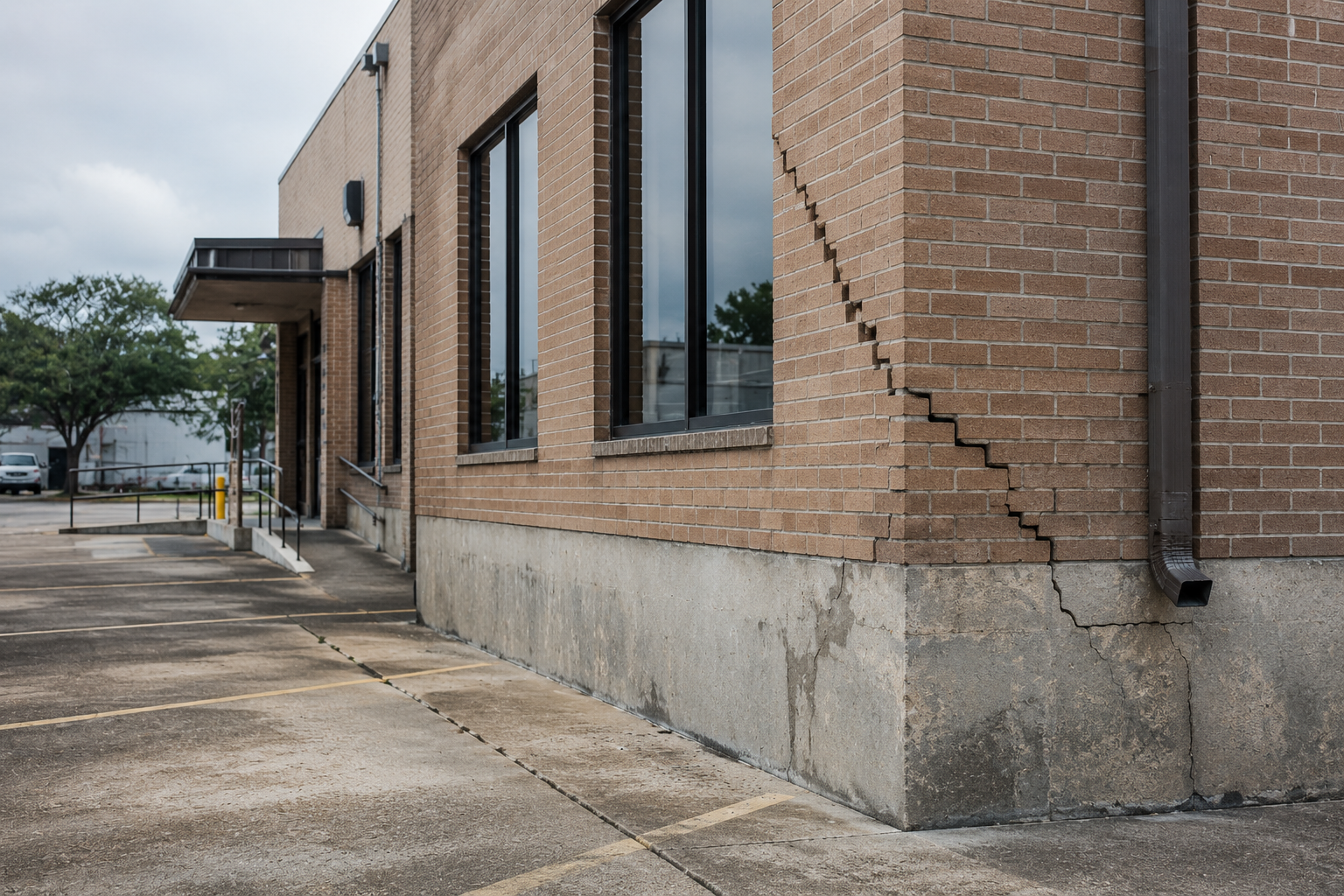 Corner of a brick building with prominent stair-step cracks extending into the concrete foundation