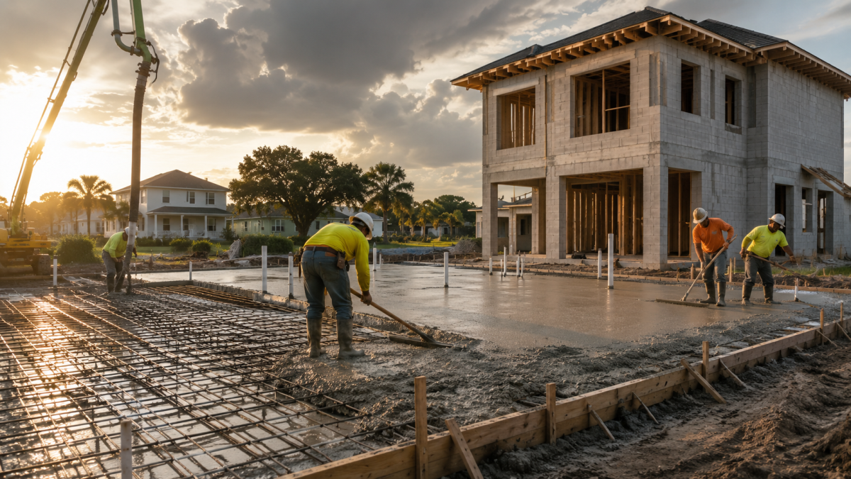 Construction workers level fresh concrete on a new home site at sunset